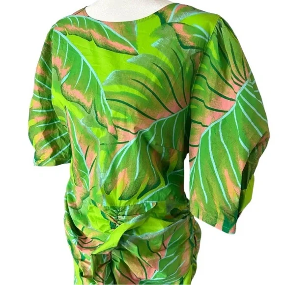 FARM Rio x Anthropologie Puff Sleeve Mini Dress Lime Green Palm Tropical NEW XL - Picture 7 of 13